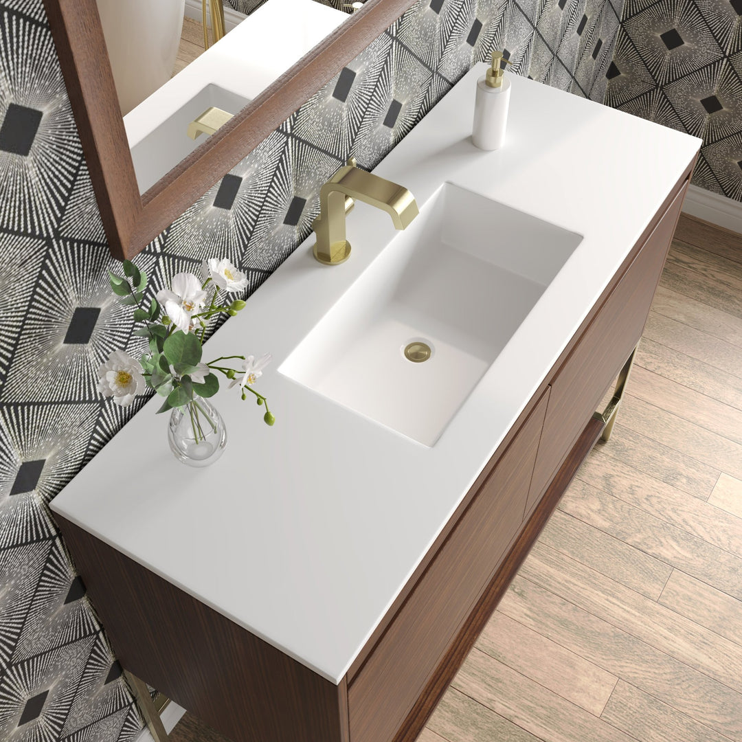Mantova 47.3" Single Vanity, Mid-Century Walnut, Champagne Brass Base w/ Glossy White Composite Stone Top