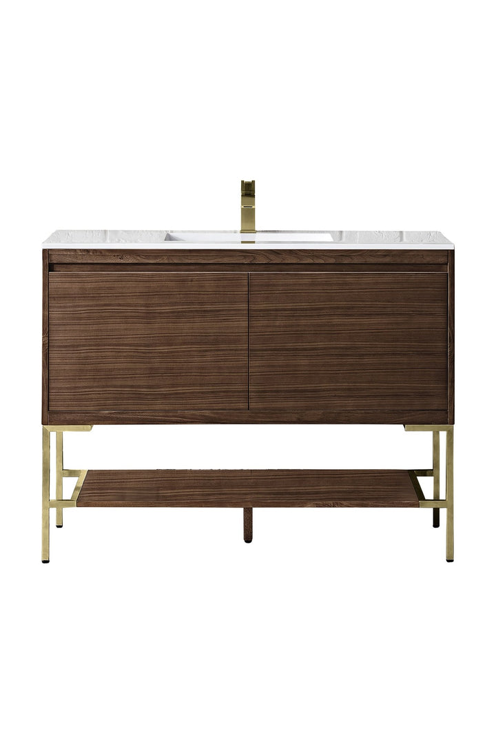 Mantova 47.3" Single Vanity, Mid-Century Walnut, Champagne Brass Base w/ Glossy White Composite Stone Top