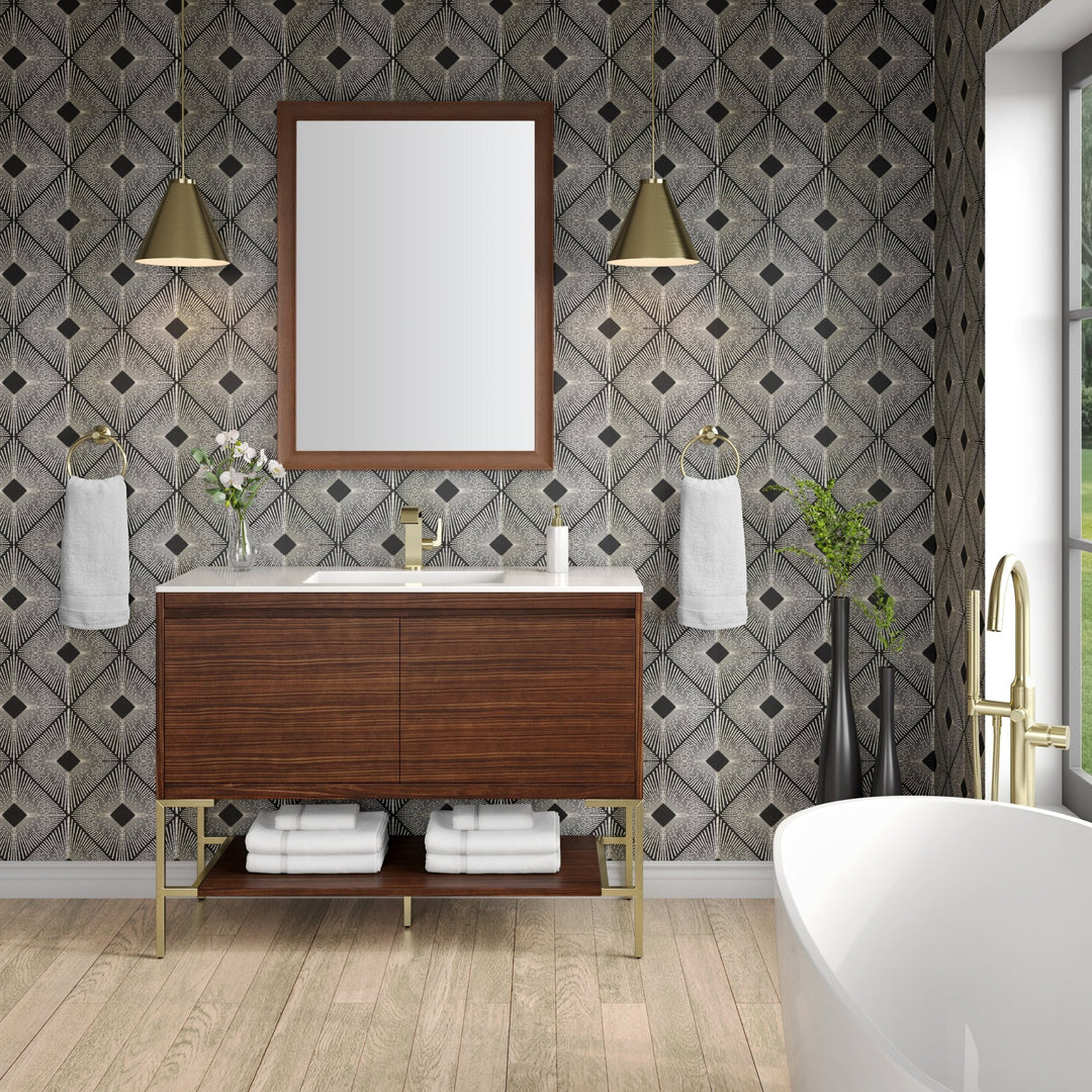 Mantova 47.3" Single Vanity, Mid-Century Walnut, Champagne Brass Base w/ Glossy White Composite Stone Top