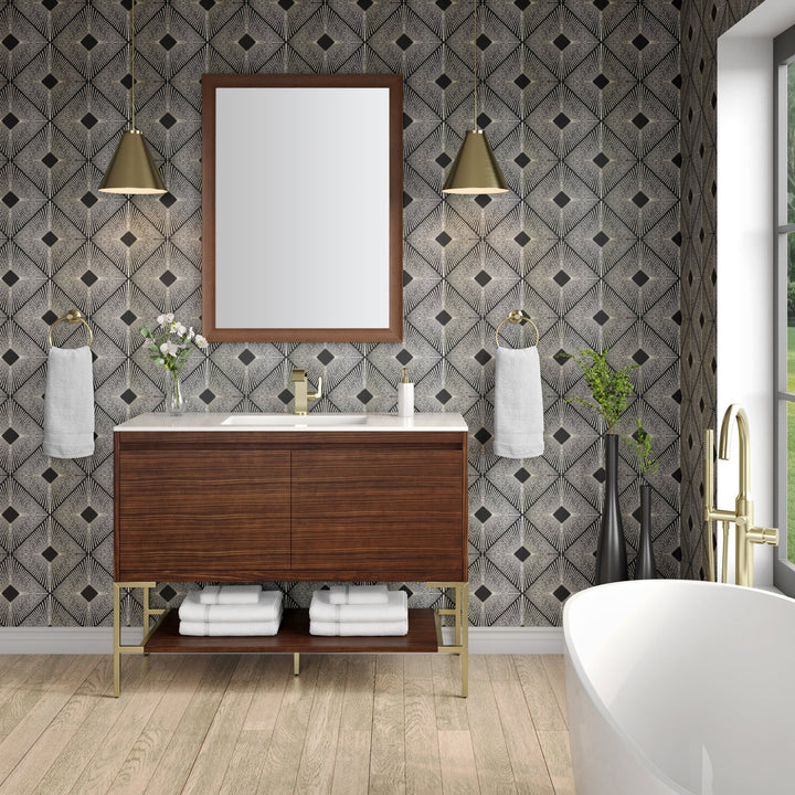 Mantova 47.3" Single Vanity, Mid-Century Walnut, Champagne Brass Base w/ Glossy White Composite Stone Top