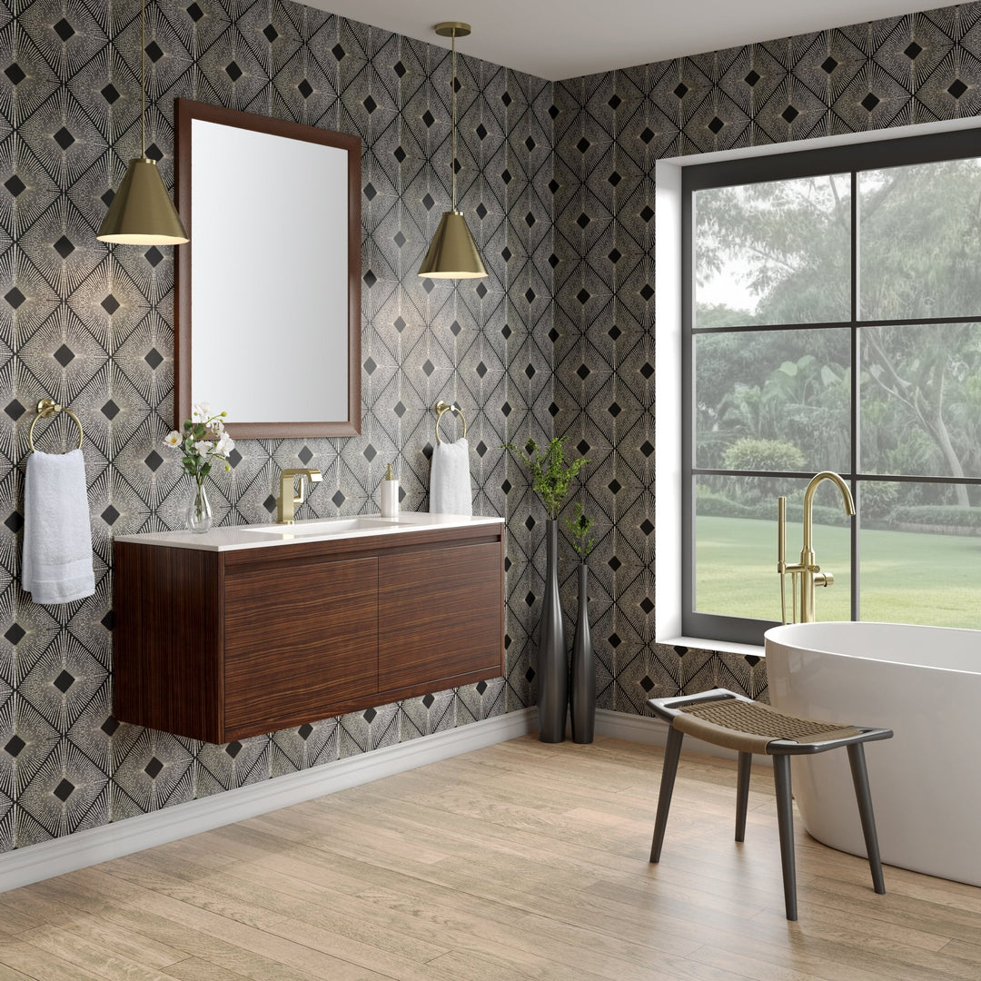 Mantova 47.3" Single Vanity, Mid-Century Walnut, Champagne Brass Base w/ Glossy White Composite Stone Top