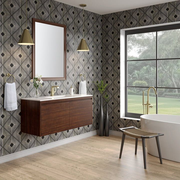 Mantova 47.3" Single Vanity, Mid-Century Walnut, Champagne Brass Base w/ Glossy White Composite Stone Top