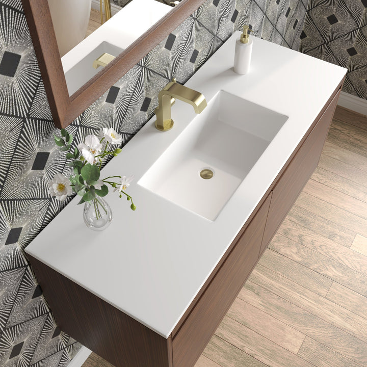 Mantova 47.3" Single Vanity, Mid-Century Walnut, Champagne Brass Base w/ Glossy White Composite Stone Top
