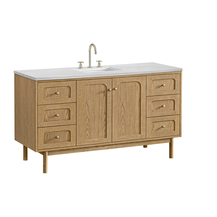 Laurent 60" Single Vanity, Light Natural Oak, w/ 3 CM Arctic Fall Solid Surface Top