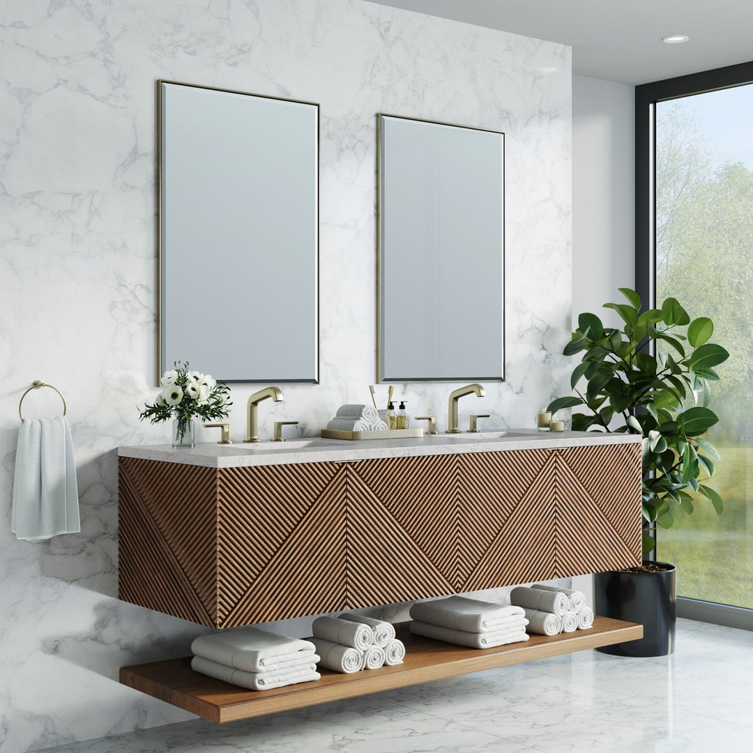 Marcello 72" Double Vanity, Chestnut w/ 3 CM Eternal Jasmine Pearl Top w/FreePower Wireless Charger