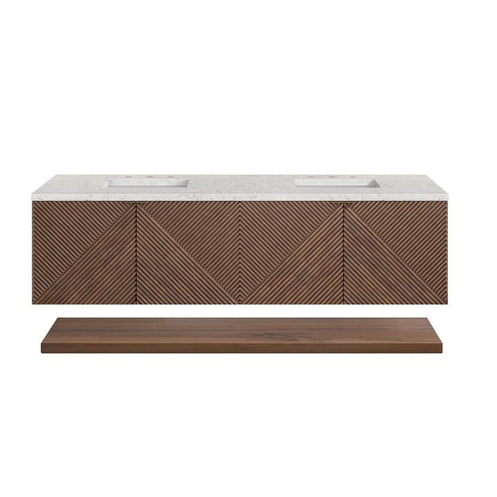 Marcello 72" Double Vanity, Chestnut w/ 3 CM Eternal Jasmine Pearl Top w/FreePower Wireless Charger