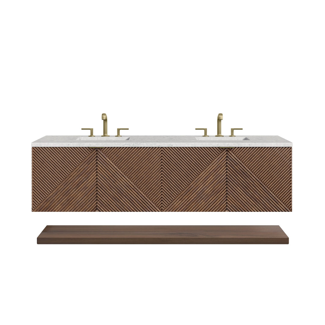 Marcello 72" Double Vanity, Chestnut w/ 3 CM Eternal Jasmine Pearl Top w/FreePower Wireless Charger