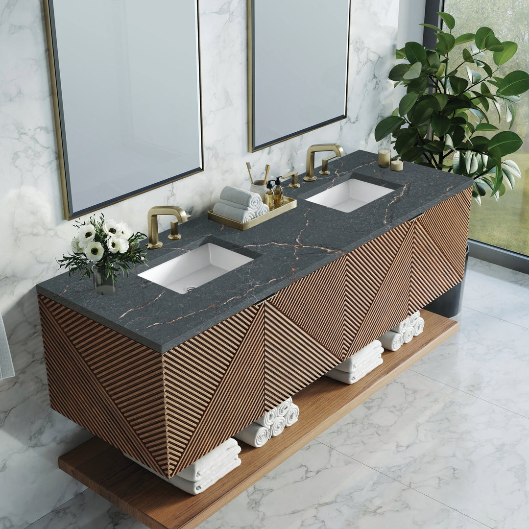Marcello 72" Double Vanity, Chestnut w/ 3 CM Parisien Bleu Top