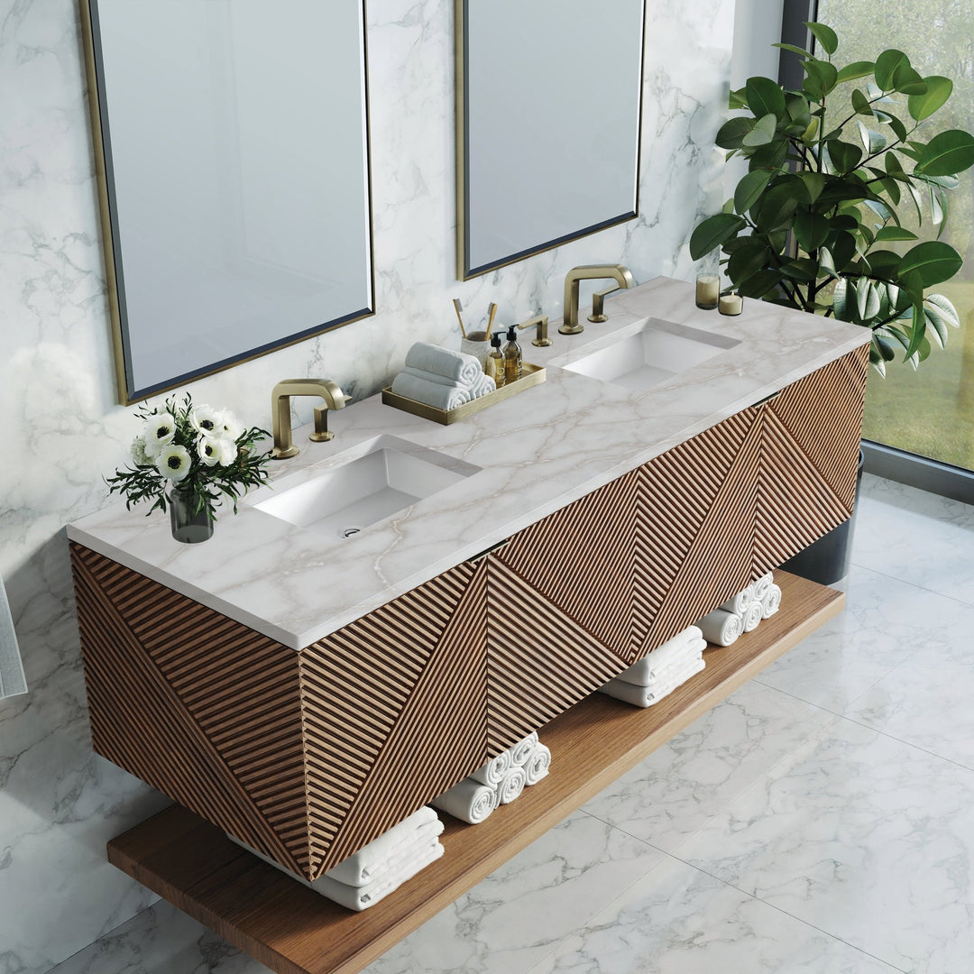 Marcello 72" Double Vanity, Chestnut w/ 3 CM Victorian Silver Top w/FreePower Wireless Charger