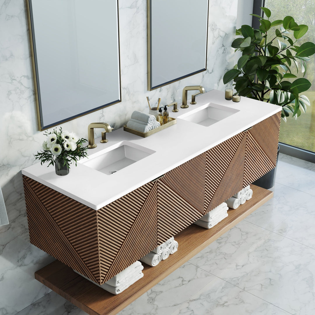 Marcello 72" Double Vanity, Chestnut w/ 3 CM White Zeus Top