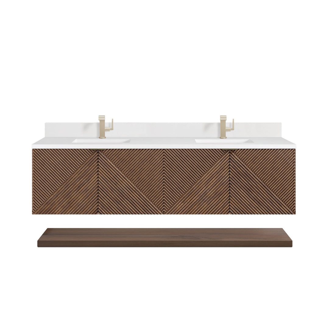 Marcello 72" Double Vanity, Chestnut w/ Single Hole 3 CM White Zeus Top & Backsplash