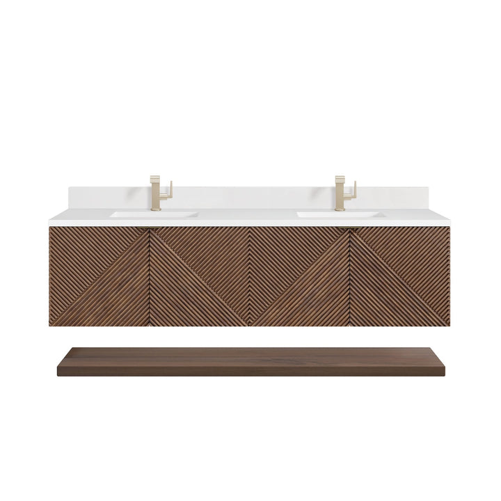 Marcello 72" Double Vanity, Chestnut w/ Single Hole 3 CM White Zeus Top & Backsplash