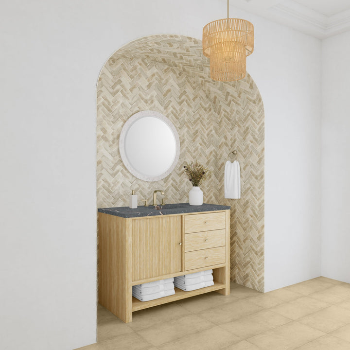 Marigot 48" Single Vanity, Sunwashed Oak w/ 3 CM Parisien Bleu Silestone Top w/ FreePower Wireless Charger
