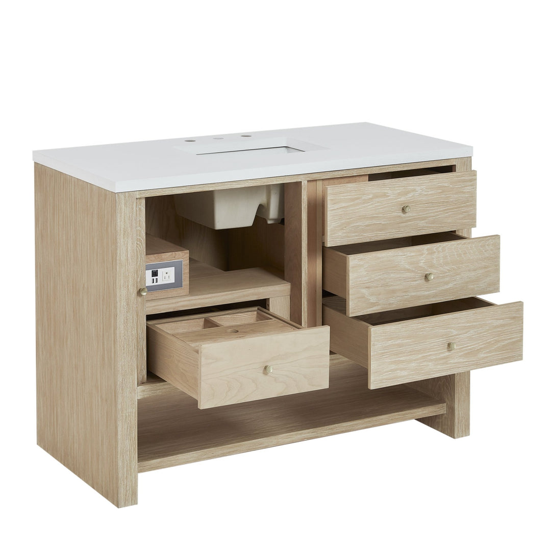 Marigot 48" Single Vanity, Sunwashed Oak w/ Single Hole 3 CM White Zeus Silestone Top & Backsplash
