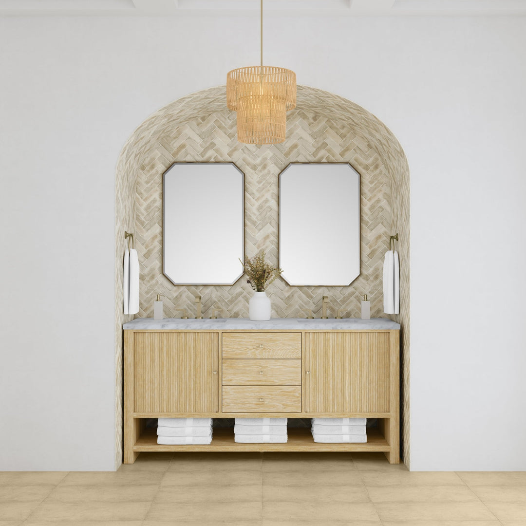 Marigot 72" Double Vanity, Sunwashed Oak w/ 3 CM Carrara White Marble Top
