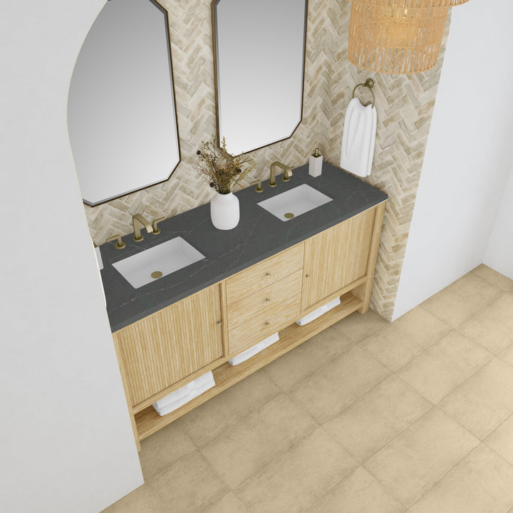 Marigot 72" Double Vanity, Sunwashed Oak w/ 3 CM Charcoal Soapstone Silestone Top