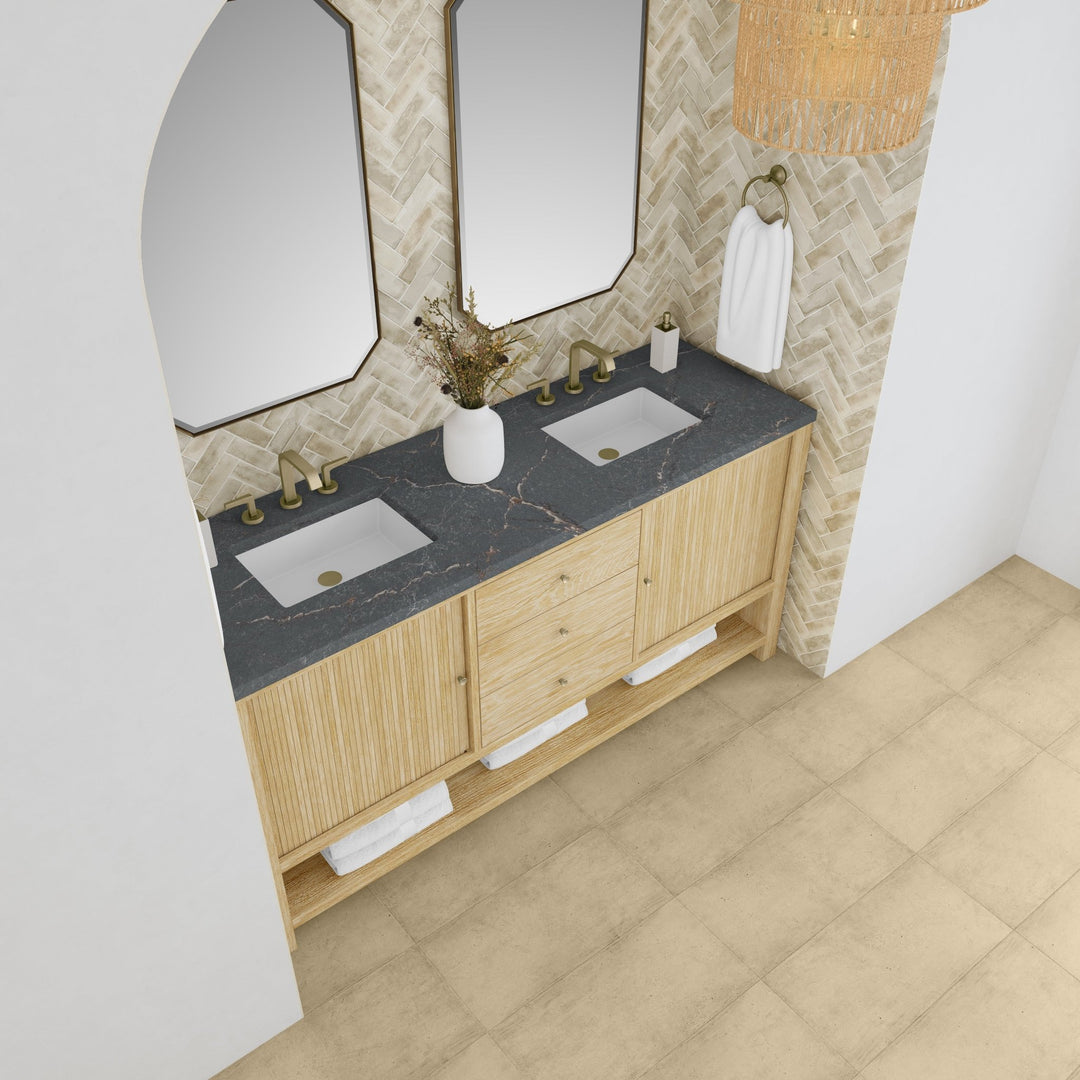 Marigot 72" Double Vanity, Sunwashed Oak w/ 3 CM Parisien Bleu Silestone Top w/ FreePower Wireless Charger