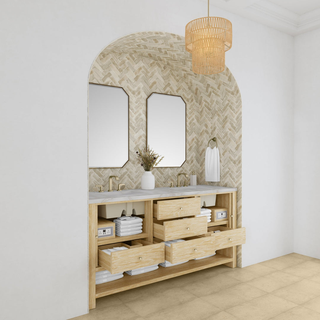 Marigot 72" Double Vanity, Sunwashed Oak w/ 3 CM Victorian Silver Silestone Top w/ FreePower Wireless Charger