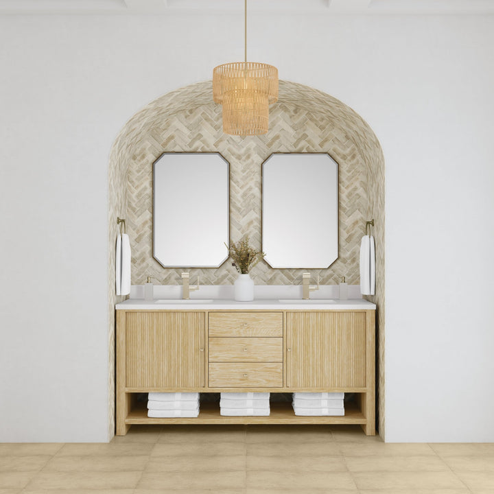 Marigot 72" Double Vanity, Sunwashed Oak w/ Hole 3 CM White Zeus Silestone Top & Backsplash
