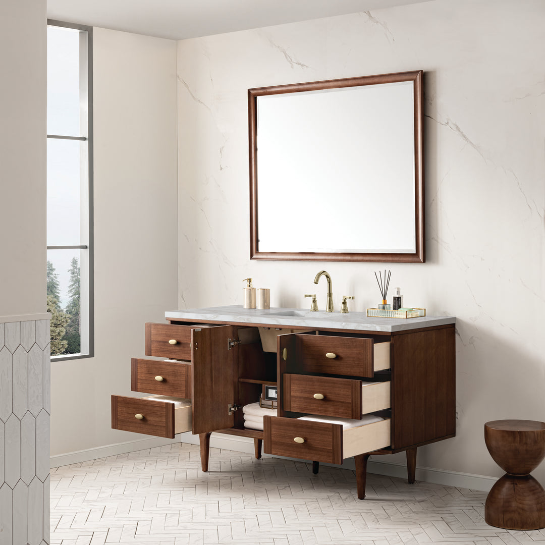 Amberly 60" Single Vanity, Mid-Century Walnut w/ 3 CM Victorian Silver Top w/FreePower Wireless Charger