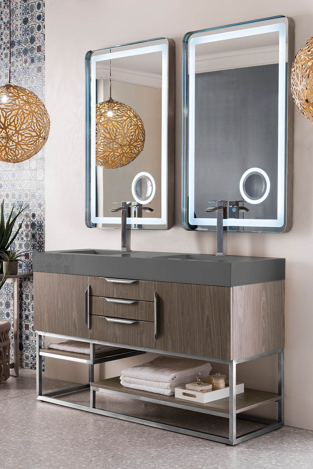 Columbia 59" Double Vanity, Ash Gray w/ Dusk Grey Glossy Composite Stone Top