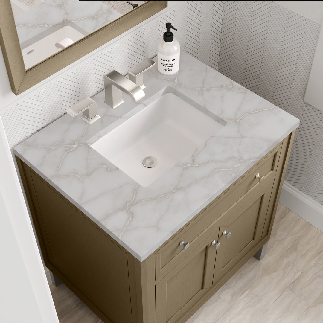 Chicago 30" Single Vanity, Walnut Whisper, w/ 3 CM Victorian Silver Silestone® Top