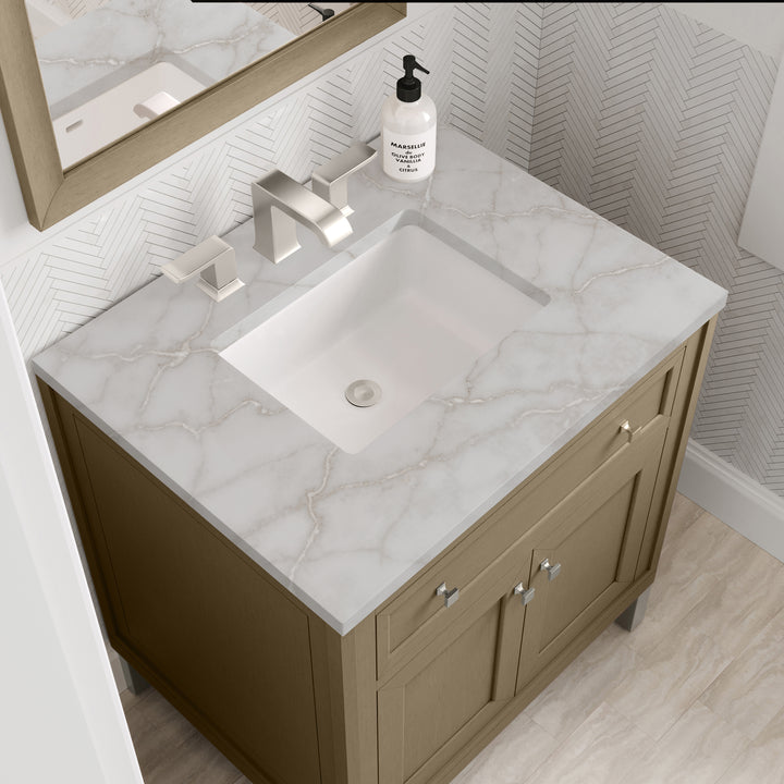 Chicago 30" Single Vanity, Walnut Whisper, w/ 3 CM Victorian Silver Silestone® Top