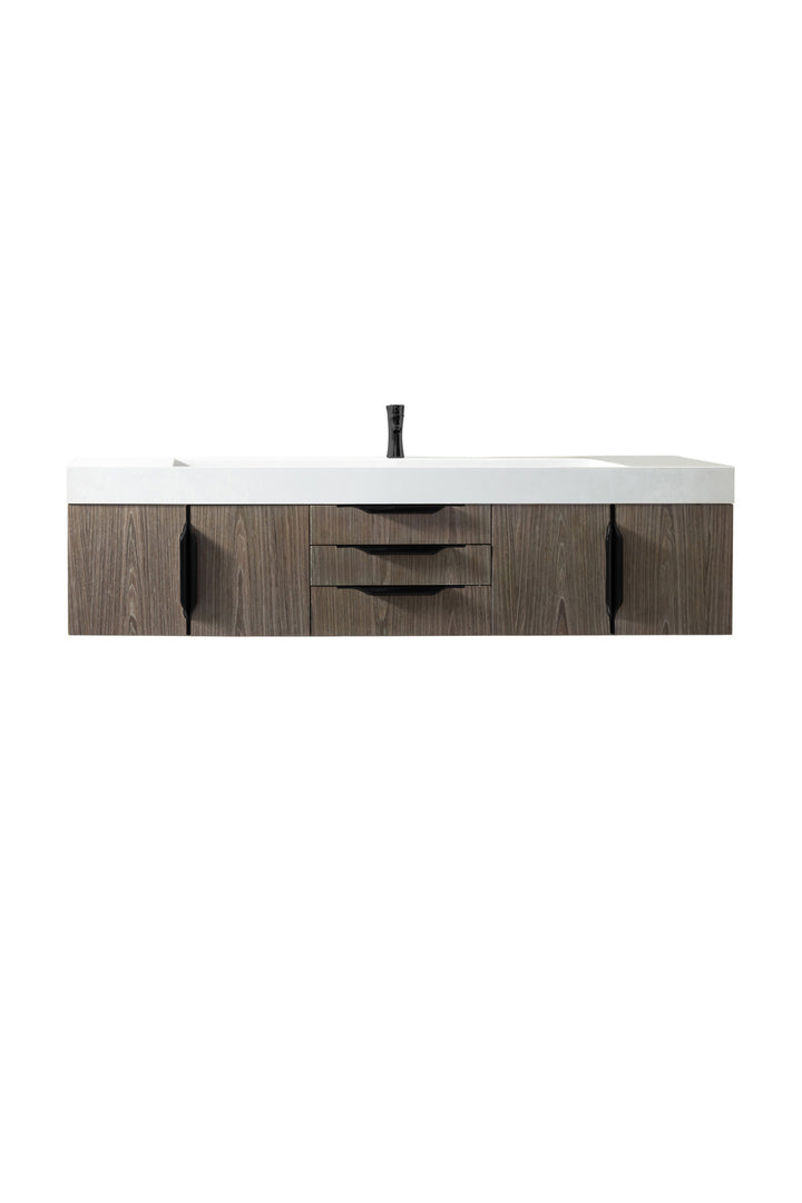 Columbia 72" Single Wall Mount Vanity, Ash Gray, Matte Black w/ Glossy White Composite Stone Top