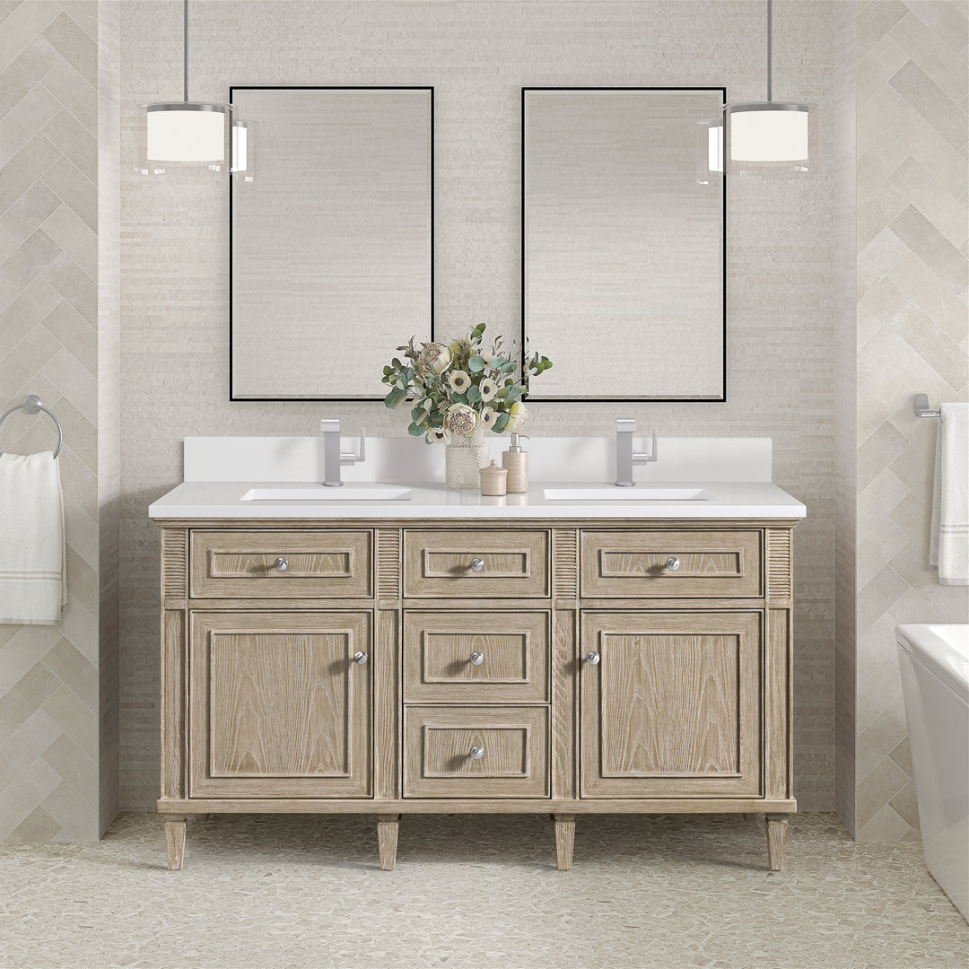 Lorelai 60" Double Vanity, Whitewashed Oak w/ Single Hole 3 CM White Zeus Silestone Top & Backsplash