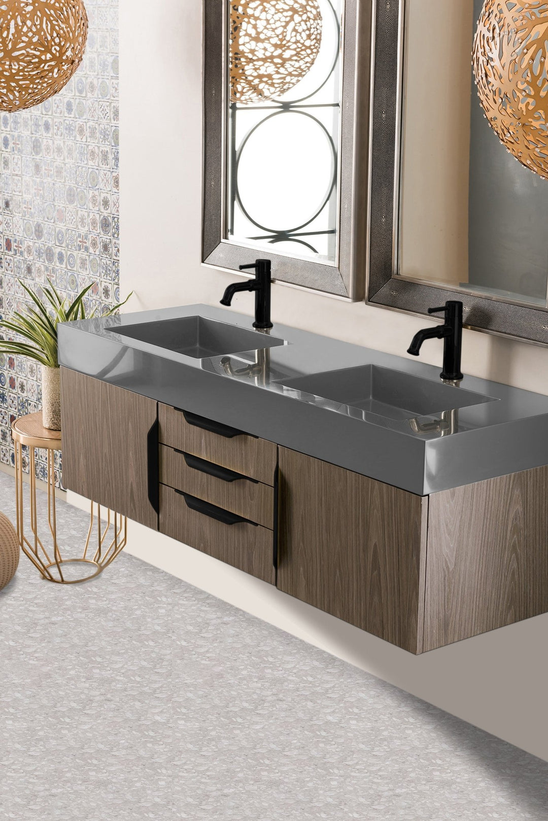 Mercer Island 59" Double Vanity, Ash Gray, Matte Black w/ Dusk Grey Glossy Composite Stone Top