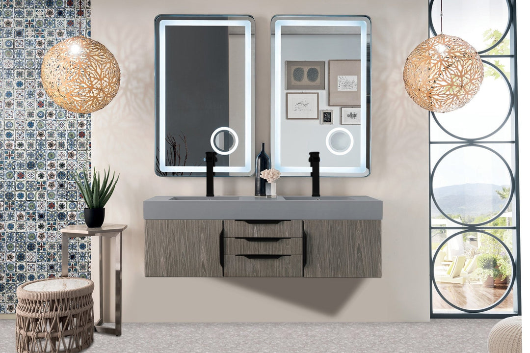 Mercer Island 59" Double Vanity, Ash Gray, Matte Black w/ Dusk Grey Glossy Composite Stone Top