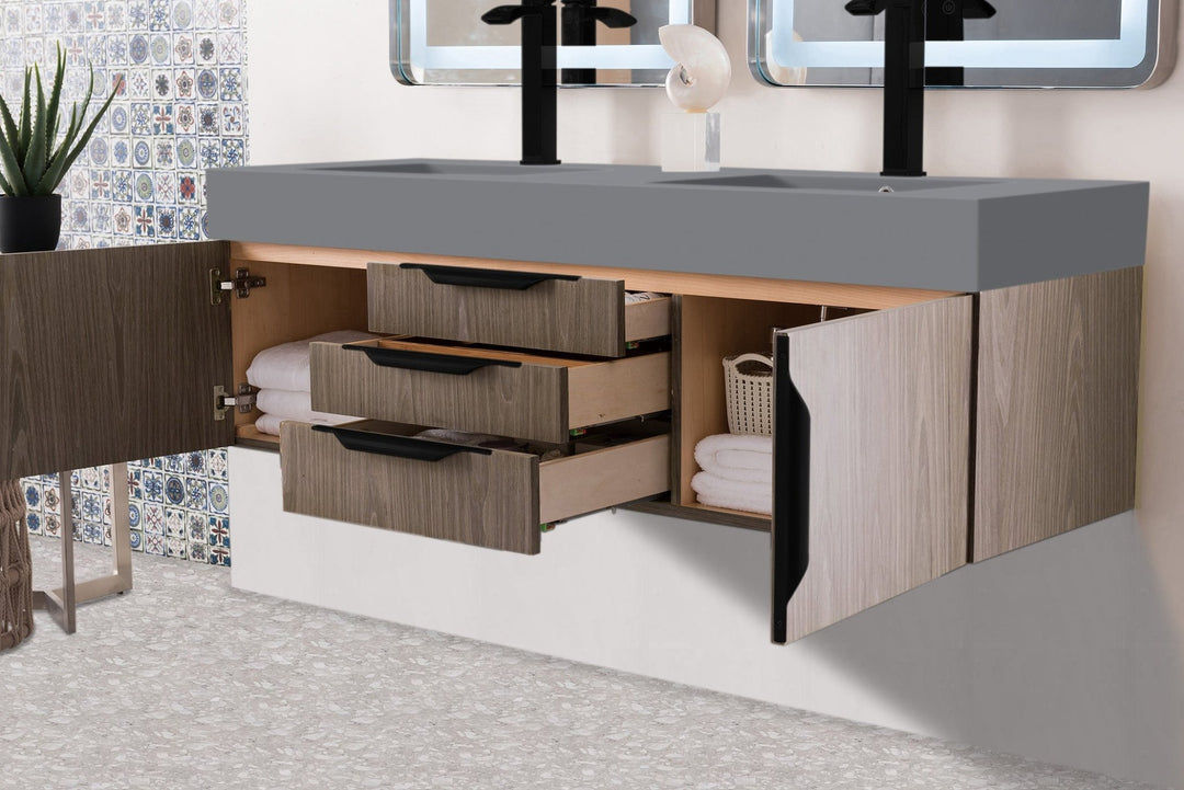 Mercer Island 59" Double Vanity, Ash Gray, Matte Black w/ Dusk Grey Glossy Composite Stone Top