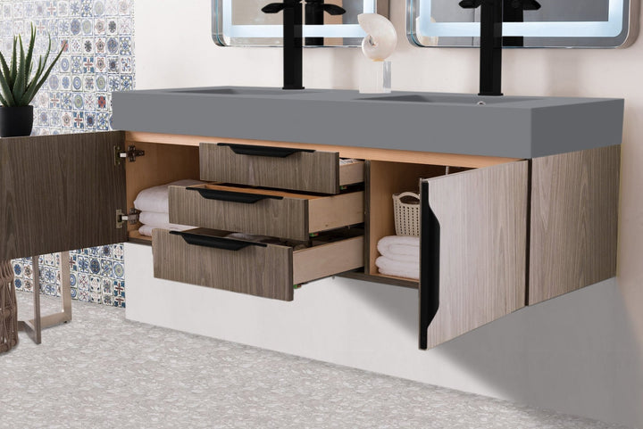 Mercer Island 59" Double Vanity, Ash Gray, Matte Black w/ Dusk Grey Glossy Composite Stone Top