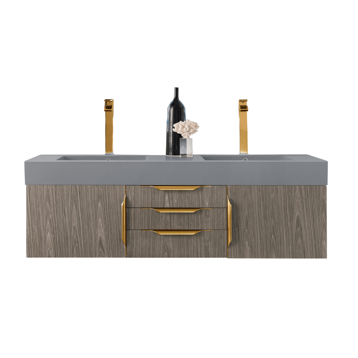 Mercer Island 59" Double Vanity, Ash Gray, Radiant Gold w/ Dusk Grey Glossy Composite Stone Top