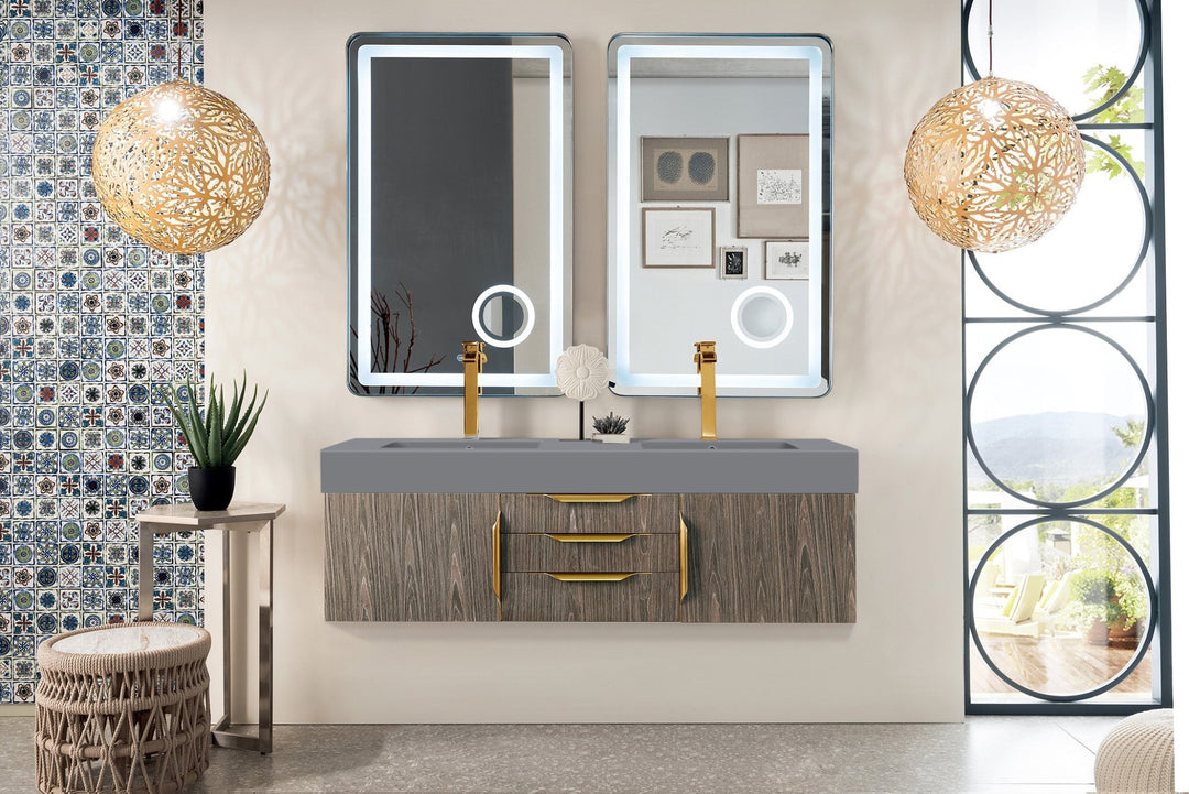 Mercer Island 59" Double Vanity, Ash Gray, Radiant Gold w/ Dusk Grey Glossy Composite Stone Top