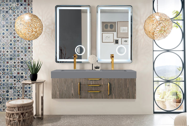 Mercer Island 59" Double Vanity, Ash Gray, Radiant Gold w/ Dusk Grey Glossy Composite Stone Top