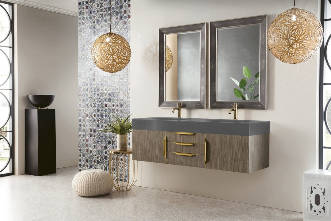 Mercer Island 59" Double Vanity, Ash Gray, Radiant Gold w/ Dusk Grey Glossy Composite Stone Top