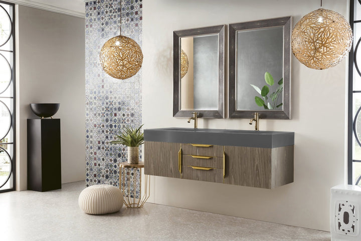 Mercer Island 59" Double Vanity, Ash Gray, Radiant Gold w/ Dusk Grey Glossy Composite Stone Top
