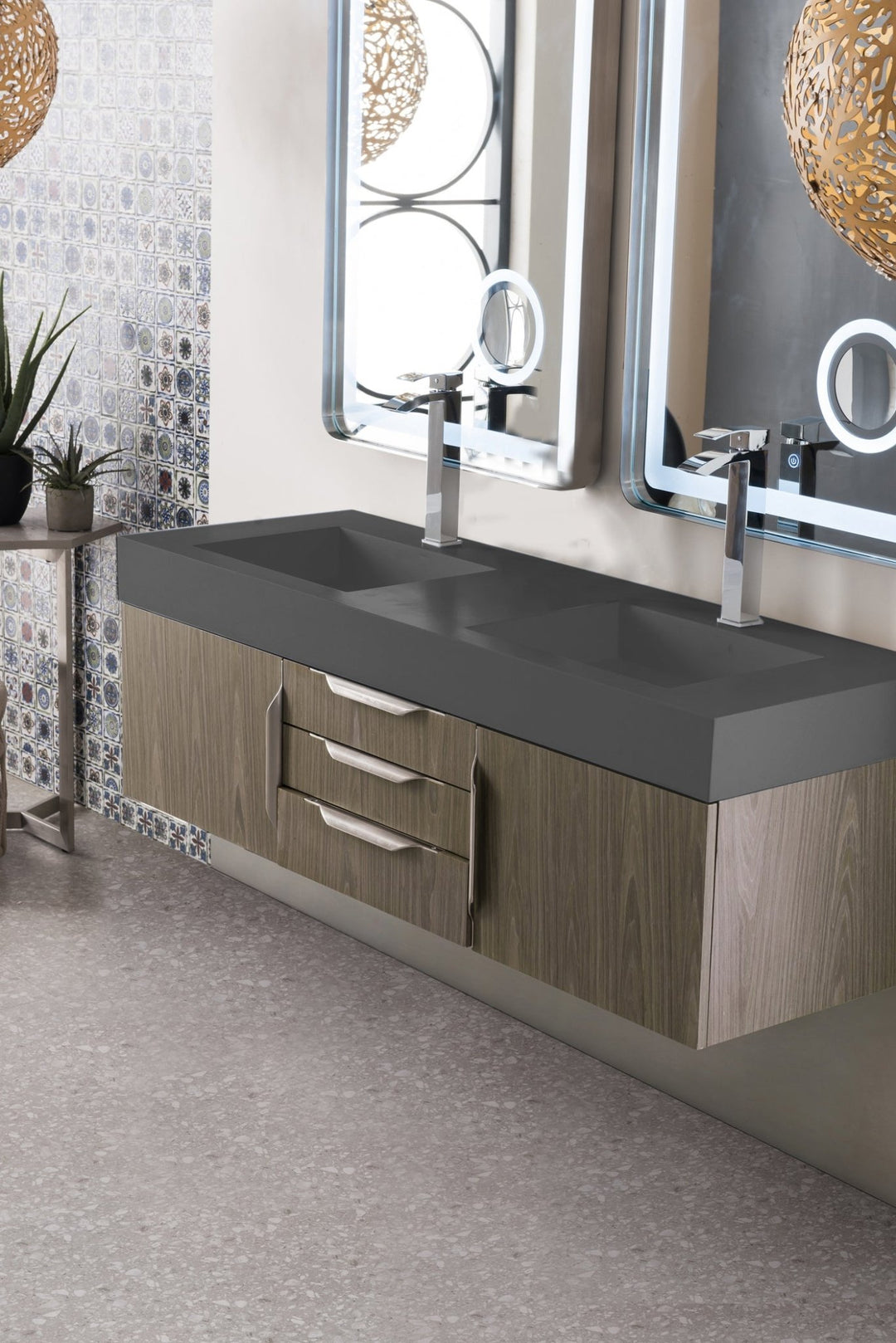 Mercer Island 59" Double Vanity, Ash Gray w/ Dusk Grey Glossy Composite Stone Top