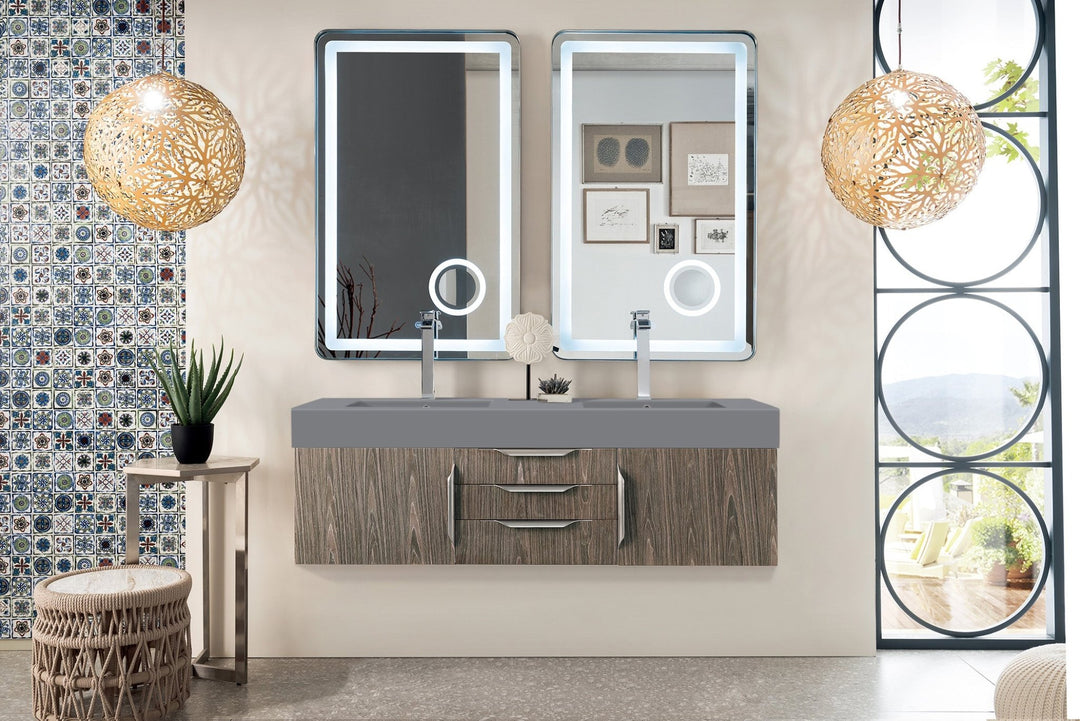 Mercer Island 59" Double Vanity, Ash Gray w/ Dusk Grey Glossy Composite Stone Top