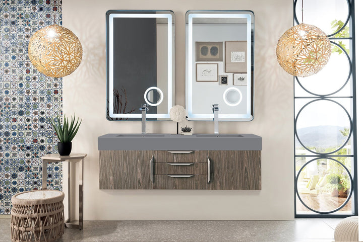 Mercer Island 59" Double Vanity, Ash Gray w/ Dusk Grey Glossy Composite Stone Top