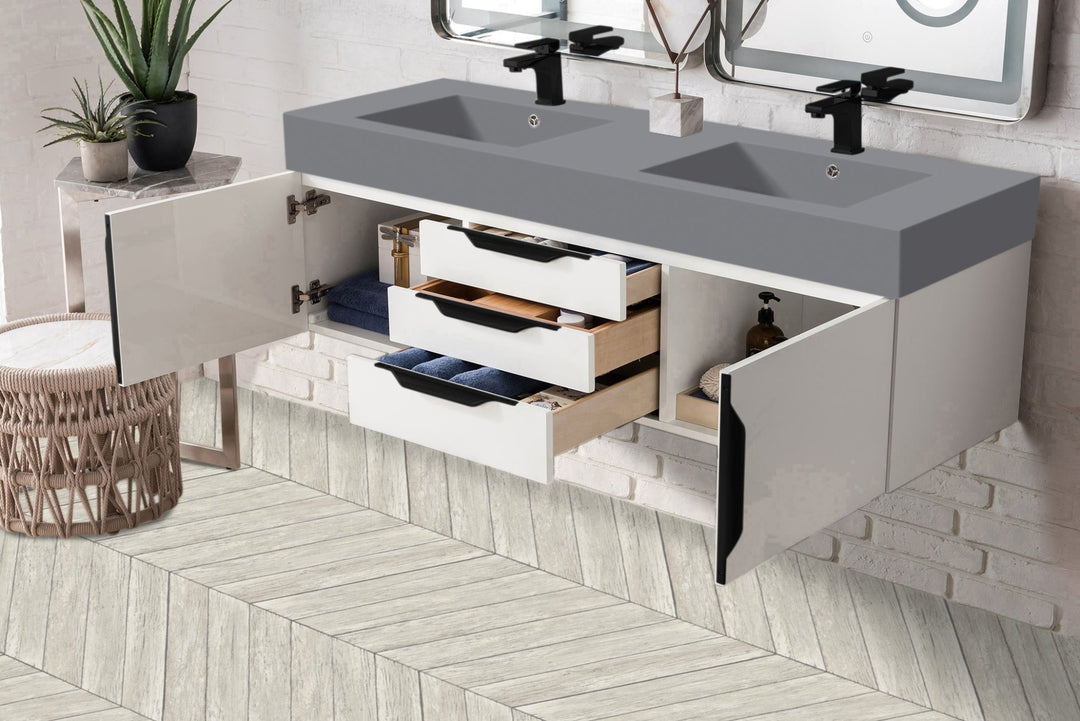Mercer Island 59" Double Vanity, Glossy White, Matte Black w/ Dusk Grey Glossy Composite Stone Top