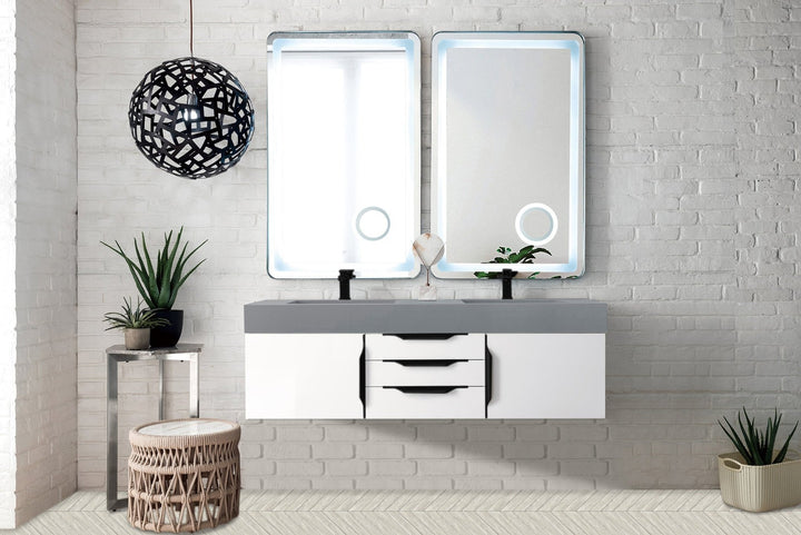 Mercer Island 59" Double Vanity, Glossy White, Matte Black w/ Dusk Grey Glossy Composite Stone Top