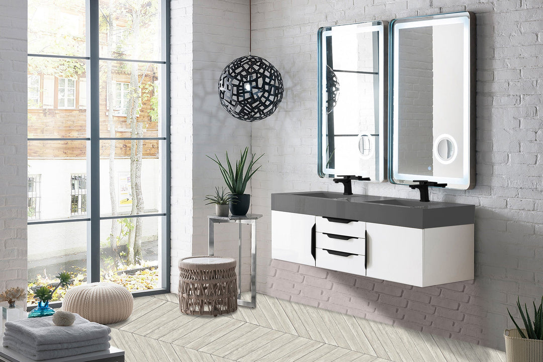 Mercer Island 59" Double Vanity, Glossy White, Matte Black w/ Dusk Grey Glossy Composite Stone Top