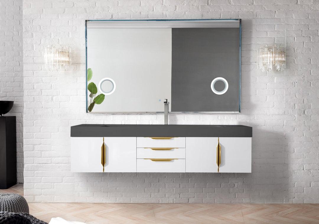 Mercer Island 72" Single Vanity, Glossy White, Radiant Gold w/ Dusk Grey Glossy Composite Stone Top
