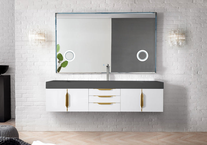 Mercer Island 72" Single Vanity, Glossy White, Radiant Gold w/ Dusk Grey Glossy Composite Stone Top