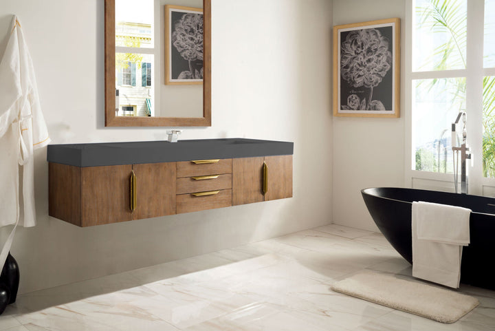 Mercer Island 72" Single Vanity, Latte Oak, Radiant Gold w/ Dusk Grey Glossy Composite Stone Top