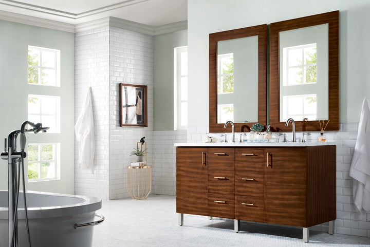Metropolitan 60" Double Vanity, American Walnut w/ 3 CM Carrara Marble Top