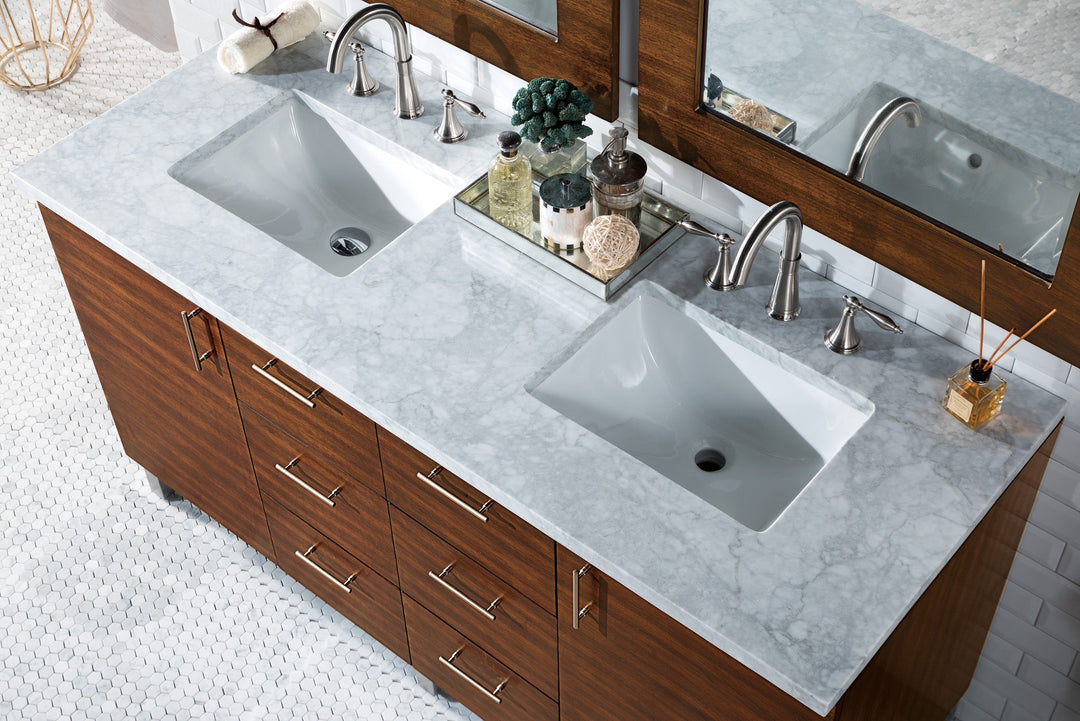 Metropolitan 60" Double Vanity, American Walnut w/ 3 CM Carrara Marble Top