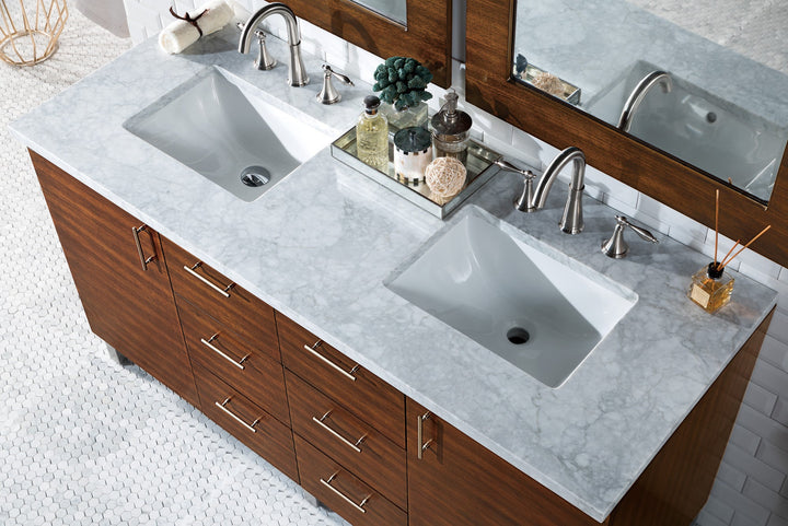 Metropolitan 60" Double Vanity, American Walnut w/ 3 CM Carrara Marble Top
